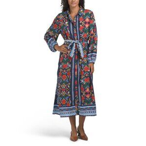 CELINA MOON Navy Blue Long Sleeve Floral Print Shirt Dress With Belt